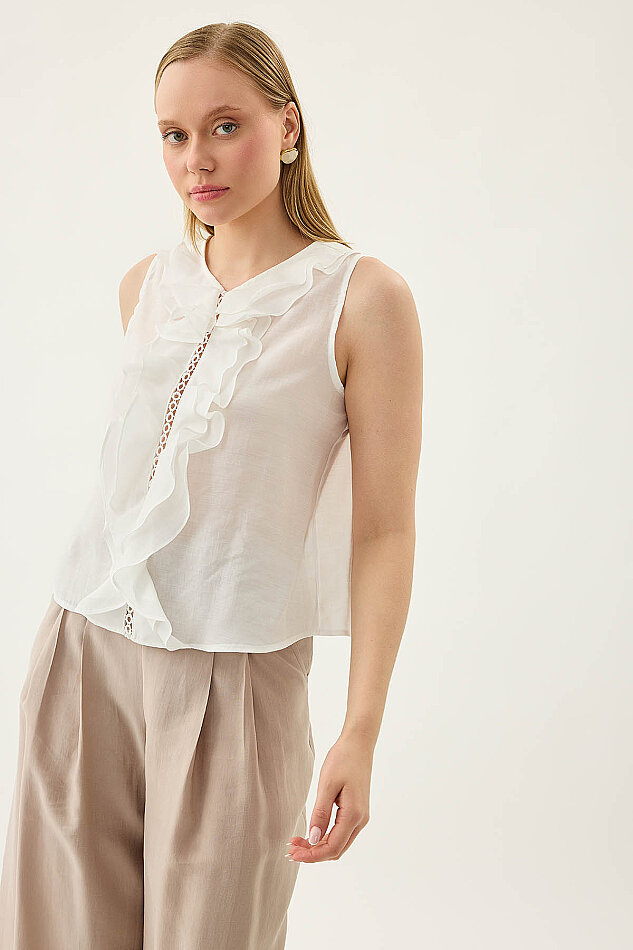 Sıfır Kol Fırfır Ve Güpür Detaylı Bluz - 28