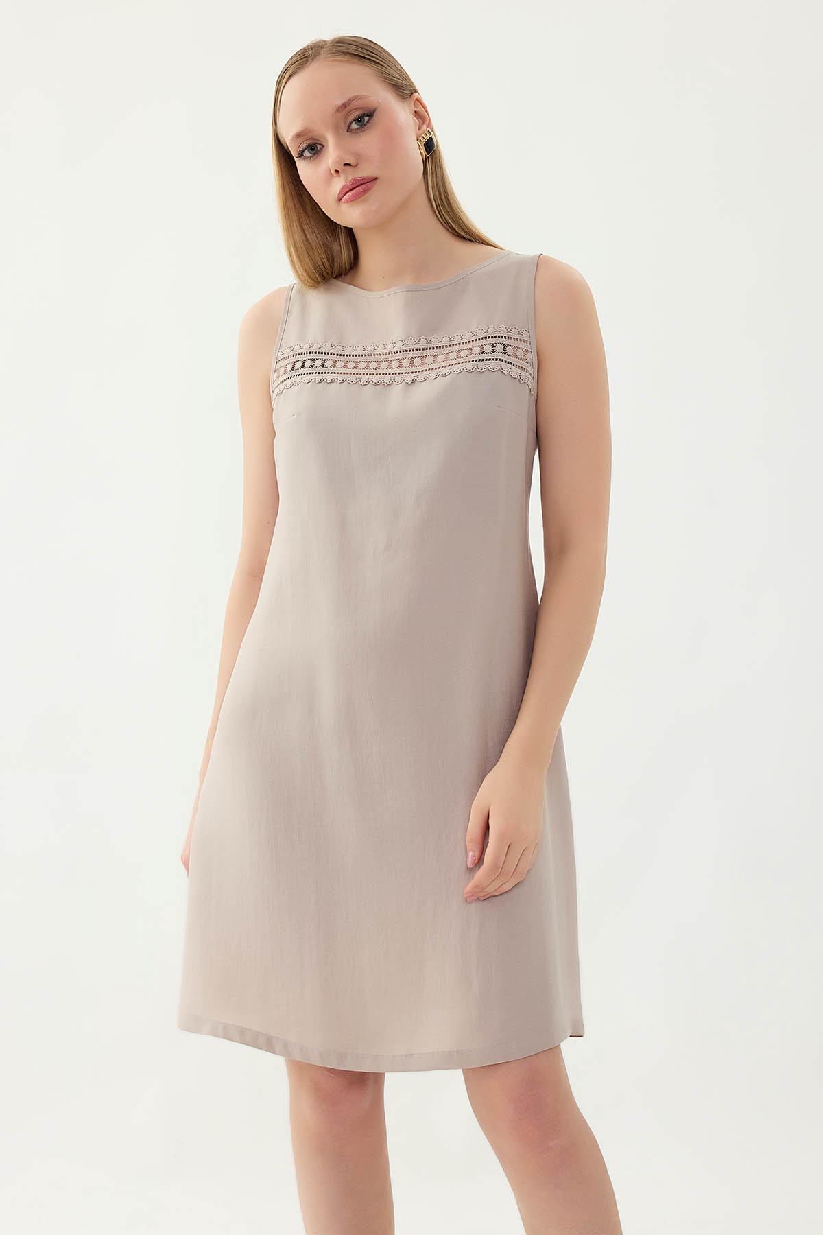 Sıfır Kol Güpürlü Elbise - Thumbnail