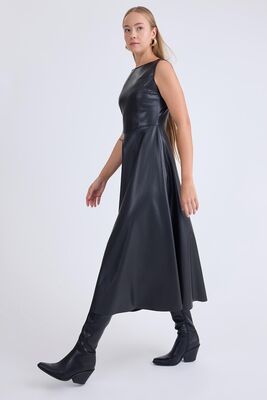 Sıfır Kol Midi Boy Deri Elbise - Thumbnail (2)