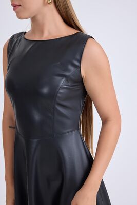 Sıfır Kol Midi Boy Deri Elbise - Thumbnail (3)