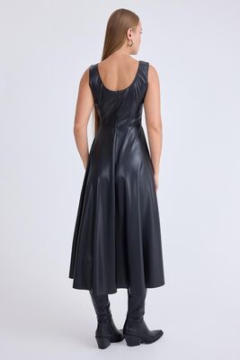 Sıfır Kol Midi Boy Deri Elbise - Thumbnail (4)