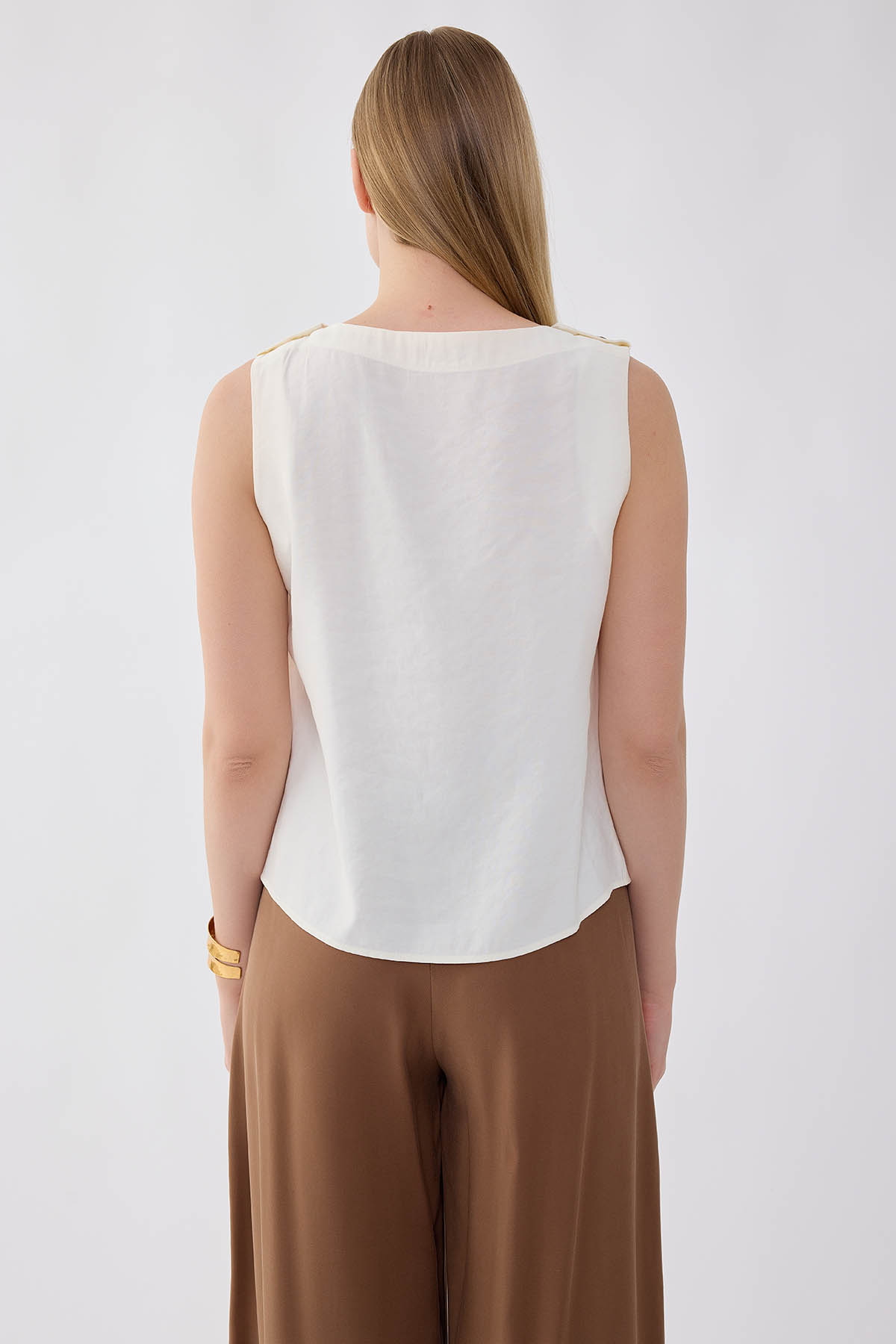 Sıfır Kol Omuzu Düğmeli Bluz - Thumbnail