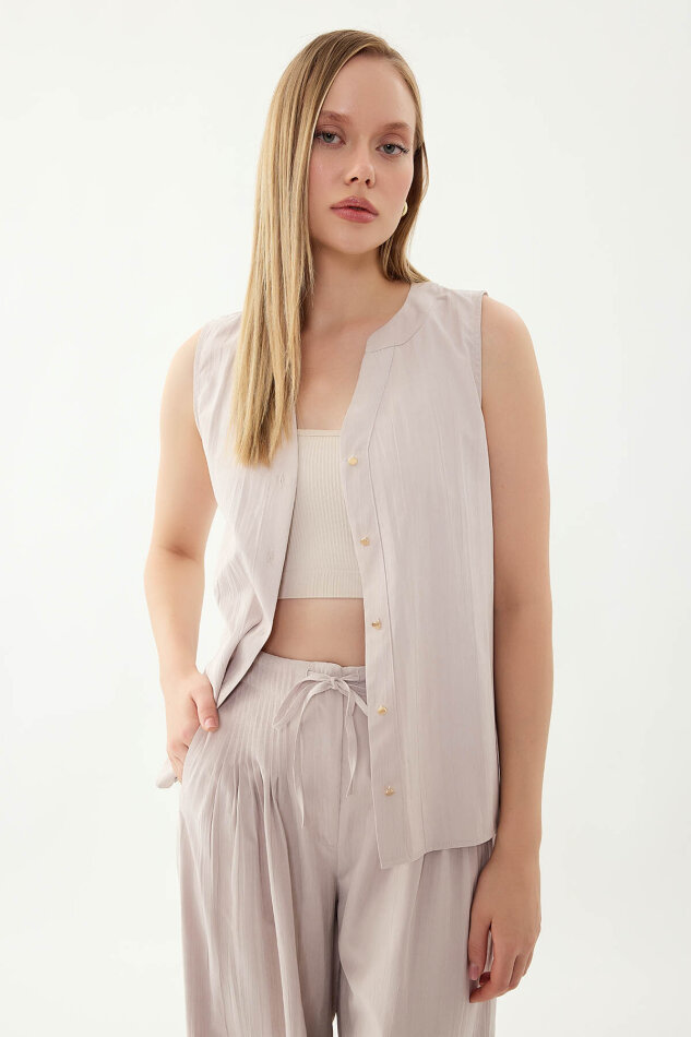 Sıfır Kol Önü Düğmeli Bluz - 5