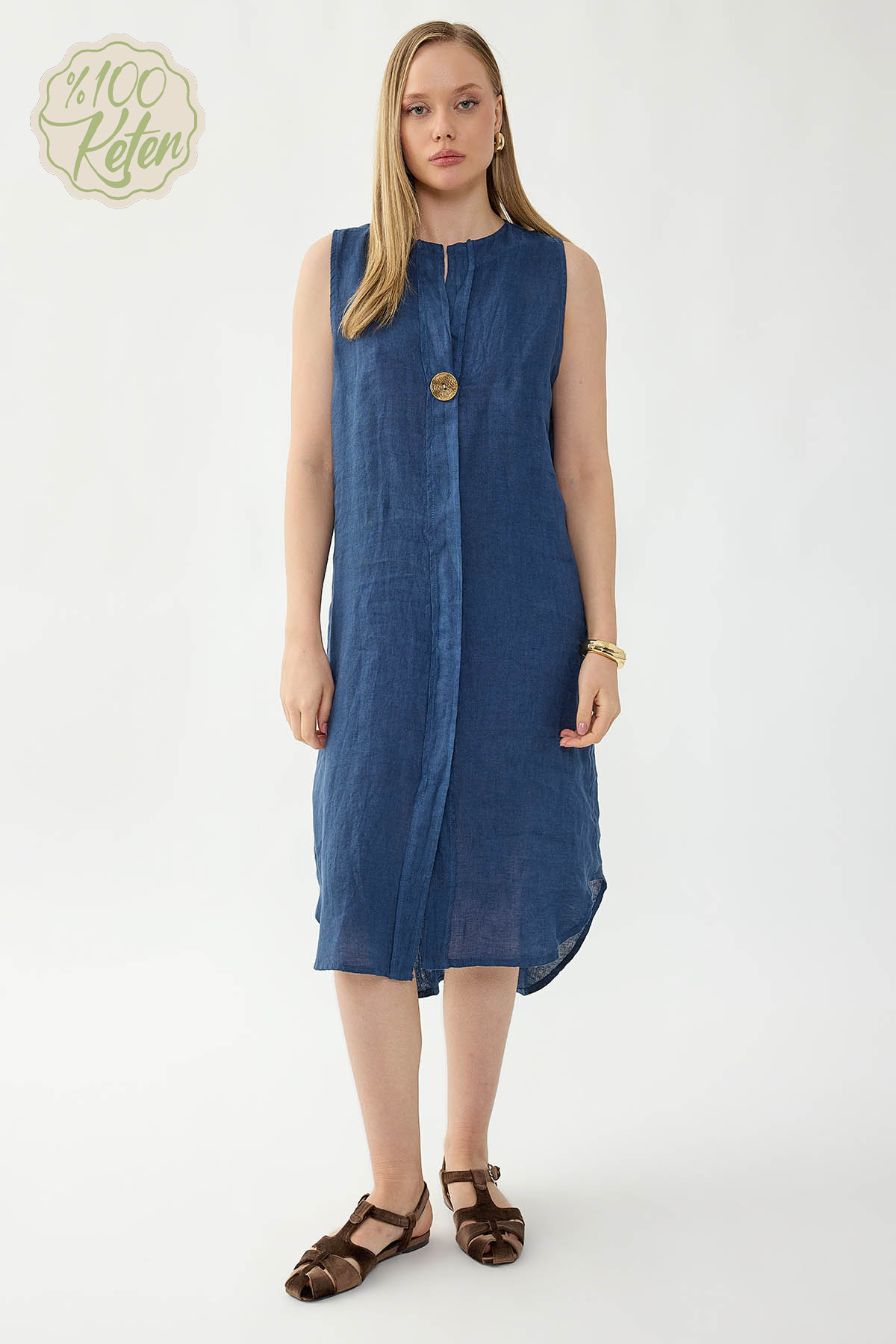 %100 Keten Sıfır Kol Önü Düğmeli Elbise - Thumbnail