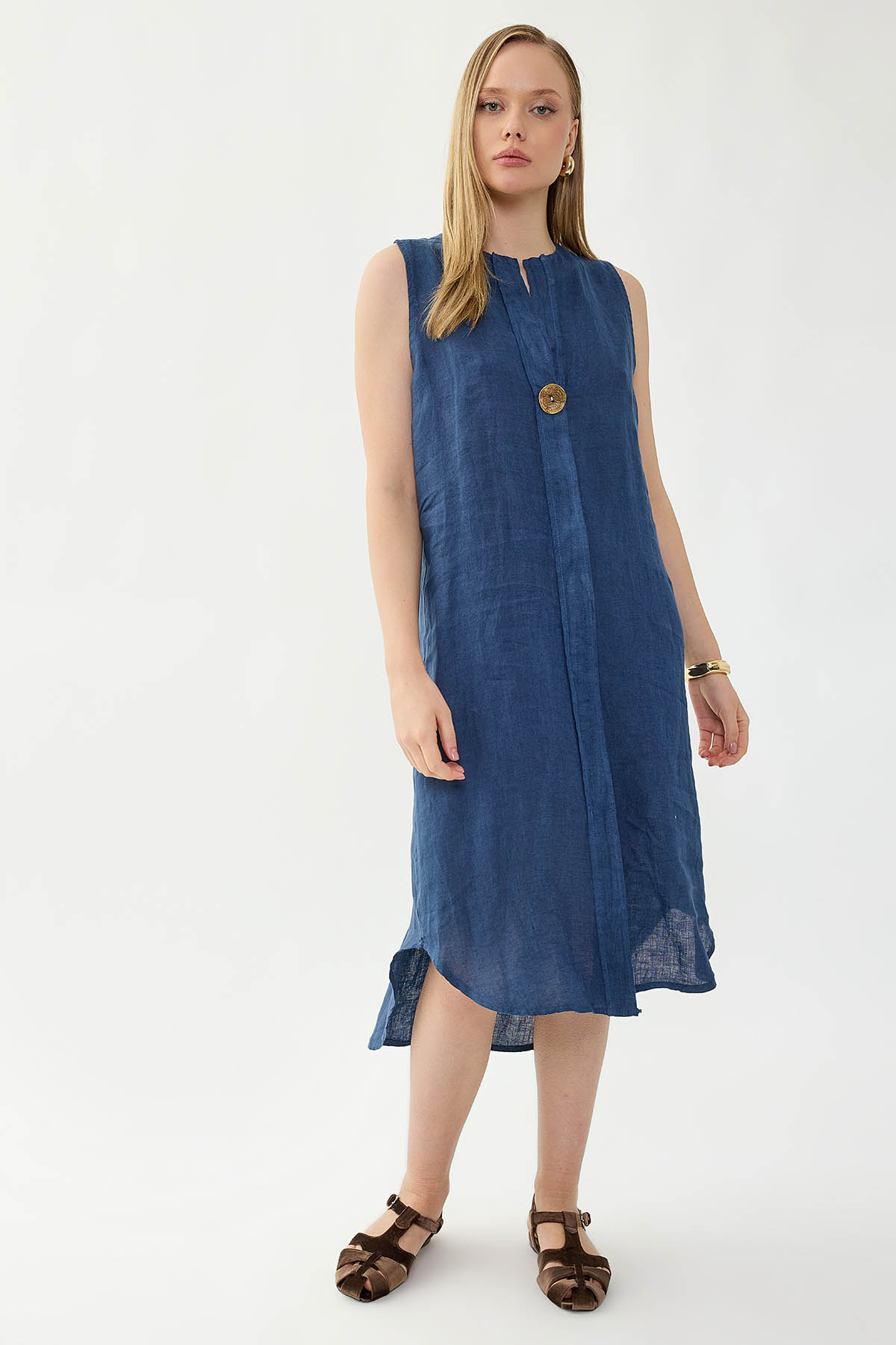 %100 Keten Sıfır Kol Önü Düğmeli Elbise - Thumbnail