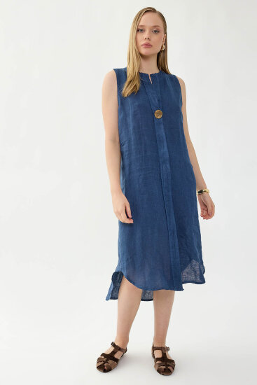 %100 Keten Sıfır Kol Önü Düğmeli Elbise - 3