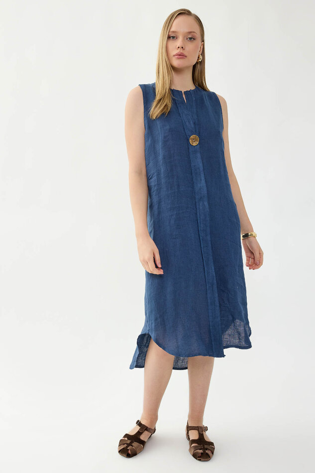 %100 Keten Sıfır Kol Önü Düğmeli Elbise - 3