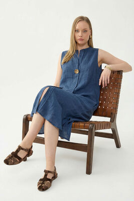 %100 Keten Sıfır Kol Önü Düğmeli Elbise (1)