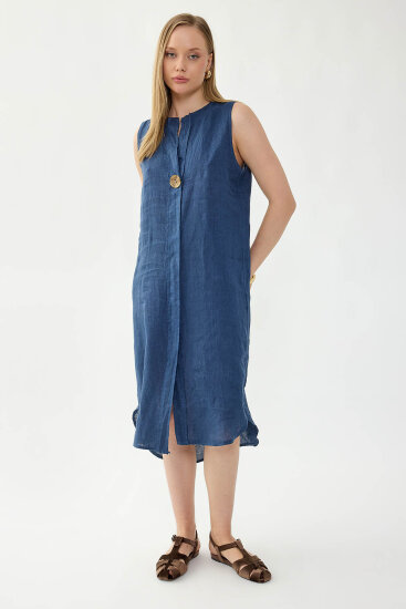 %100 Keten Sıfır Kol Önü Düğmeli Elbise - 5