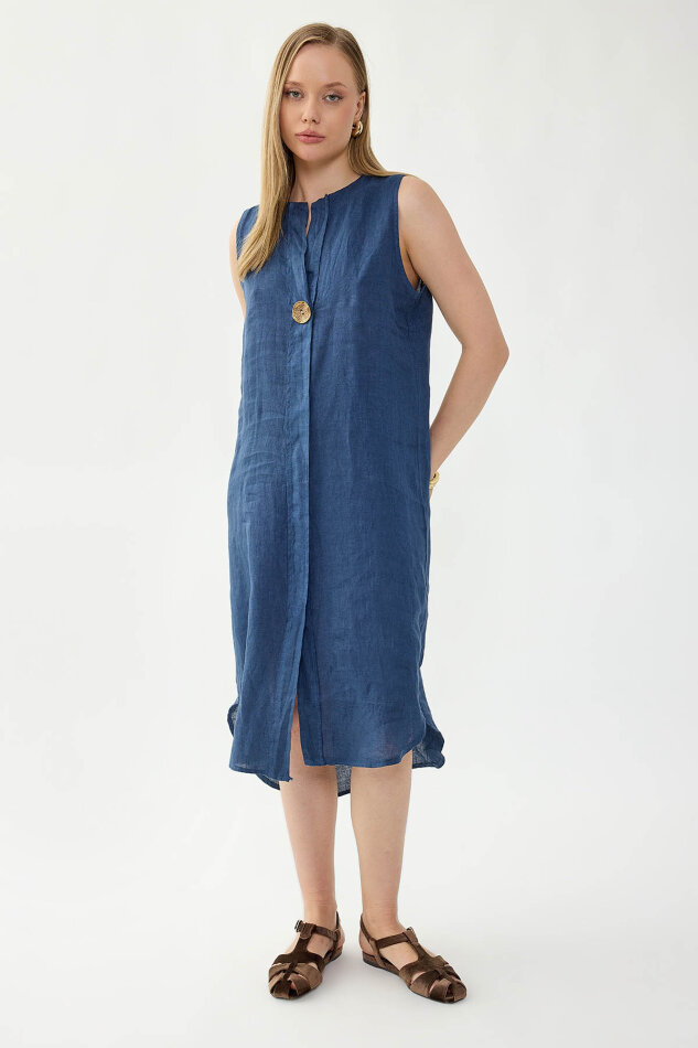 %100 Keten Sıfır Kol Önü Düğmeli Elbise - 5