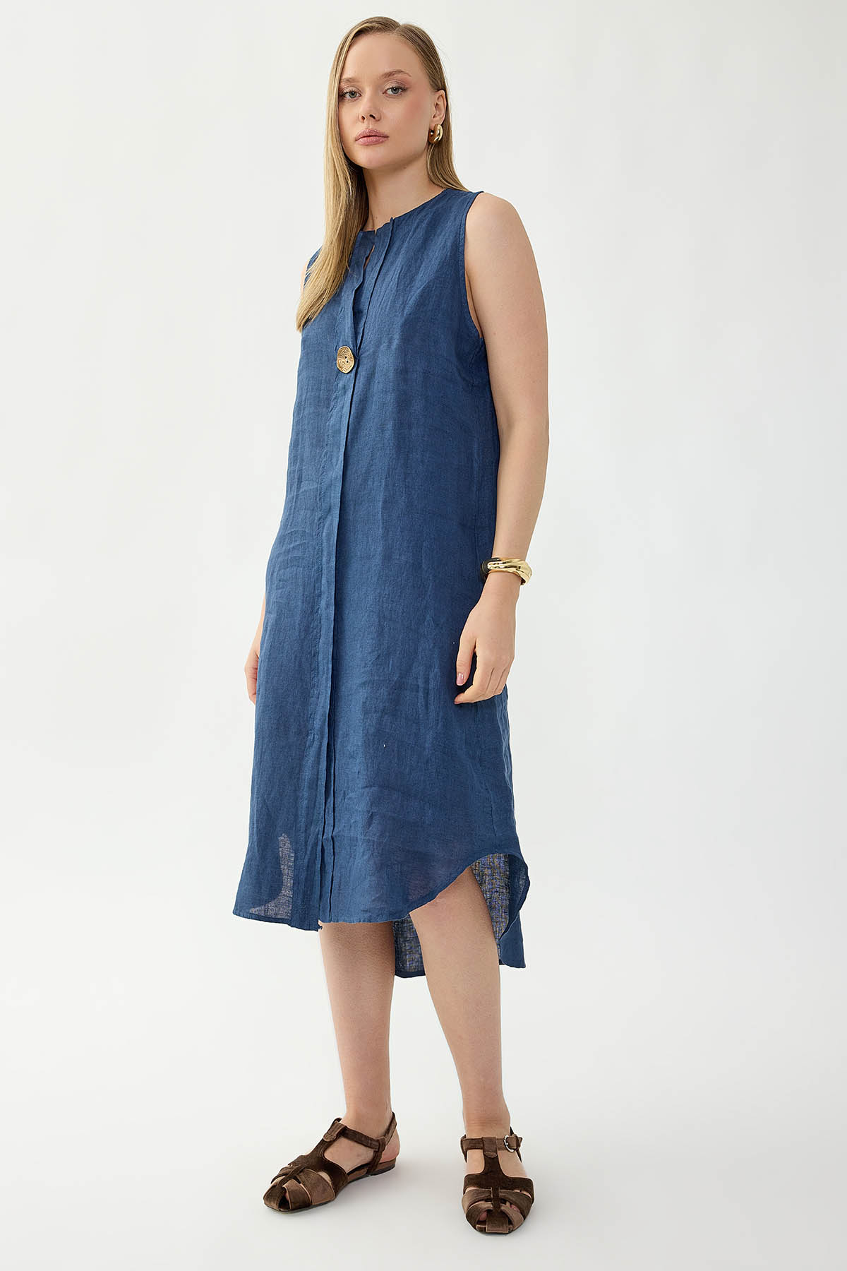 %100 Keten Sıfır Kol Önü Düğmeli Elbise - Thumbnail