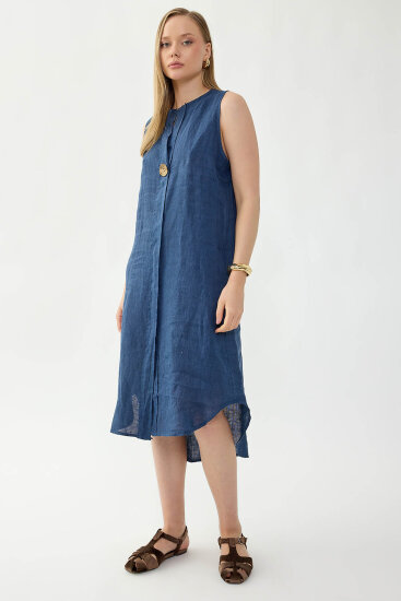 %100 Keten Sıfır Kol Önü Düğmeli Elbise - 6