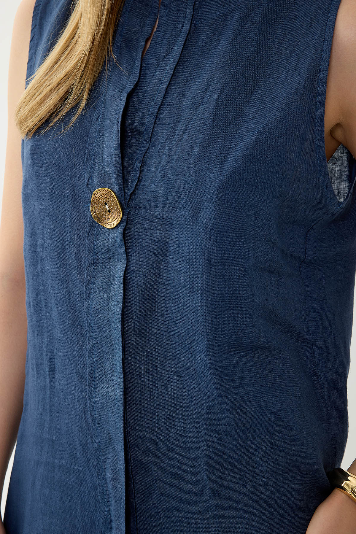 %100 Keten Sıfır Kol Önü Düğmeli Elbise - Thumbnail