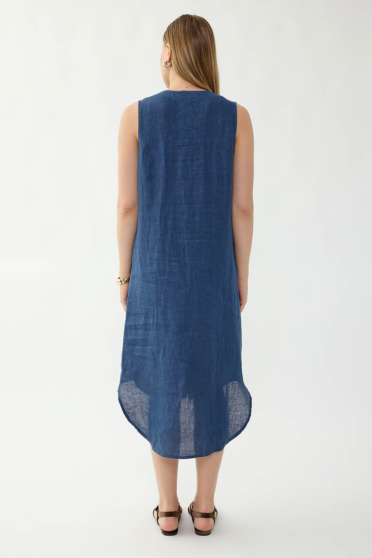 %100 Keten Sıfır Kol Önü Düğmeli Elbise - Thumbnail