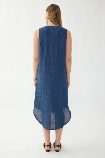 %100 Keten Sıfır Kol Önü Düğmeli Elbise - 4