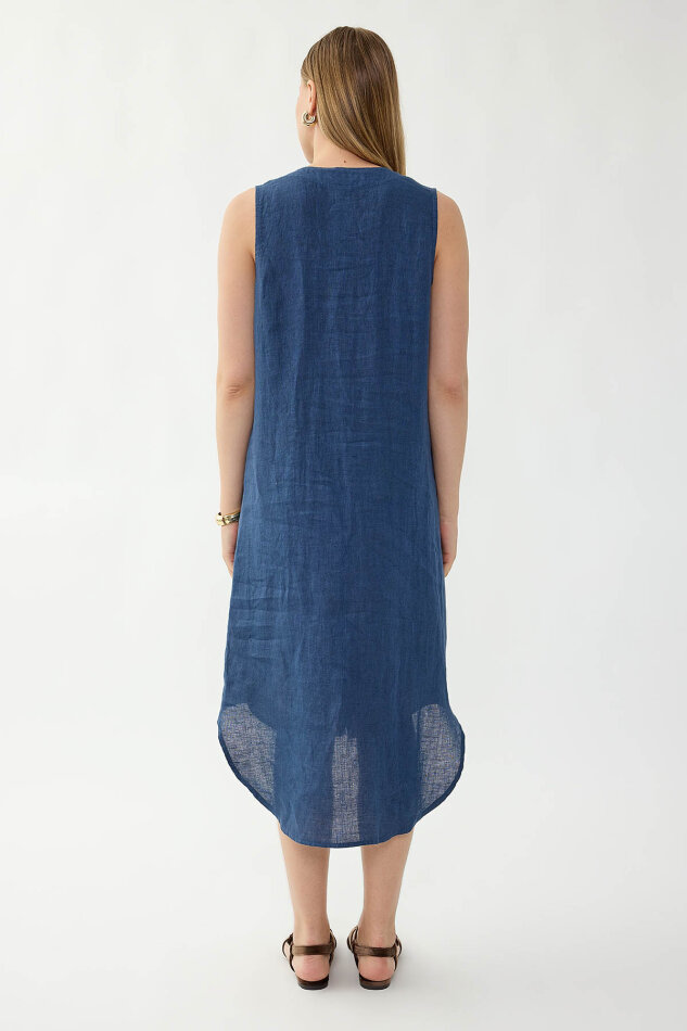 %100 Keten Sıfır Kol Önü Düğmeli Elbise - 4