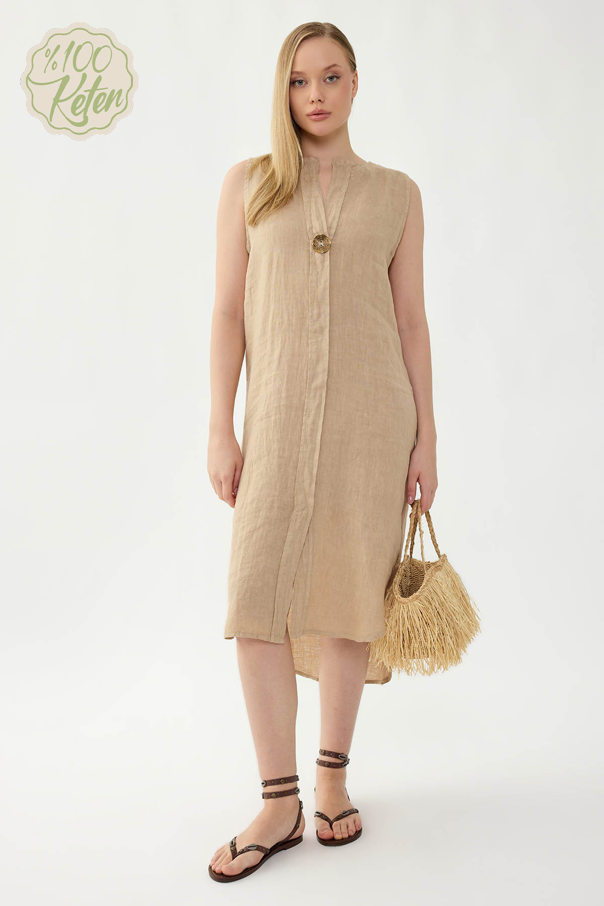 %100 Keten Sıfır Kol Önü Düğmeli Elbise - Thumbnail
