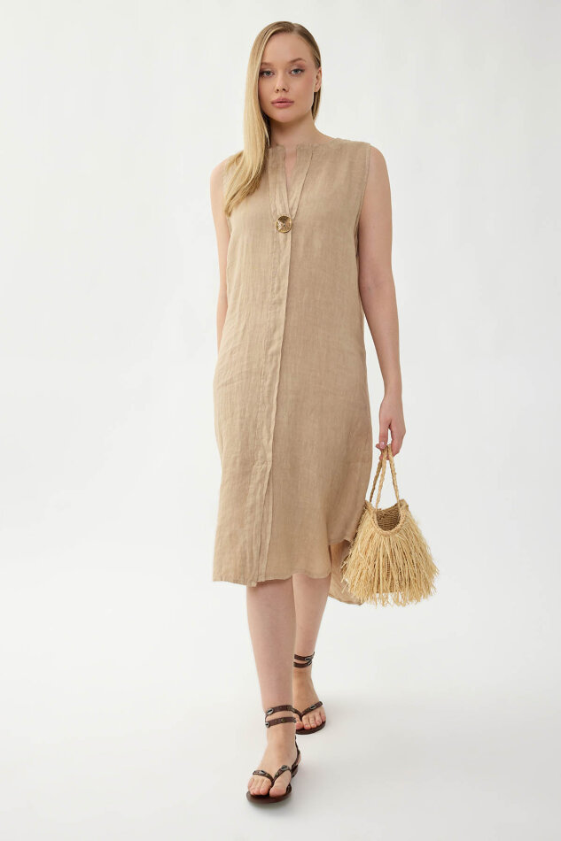 %100 Keten Sıfır Kol Önü Düğmeli Elbise - 9