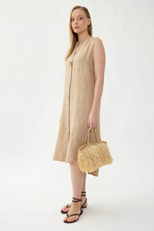 %100 Keten Sıfır Kol Önü Düğmeli Elbise - 10