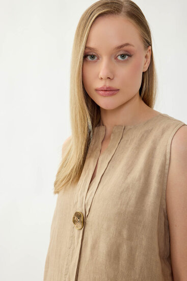 %100 Keten Sıfır Kol Önü Düğmeli Elbise - 11