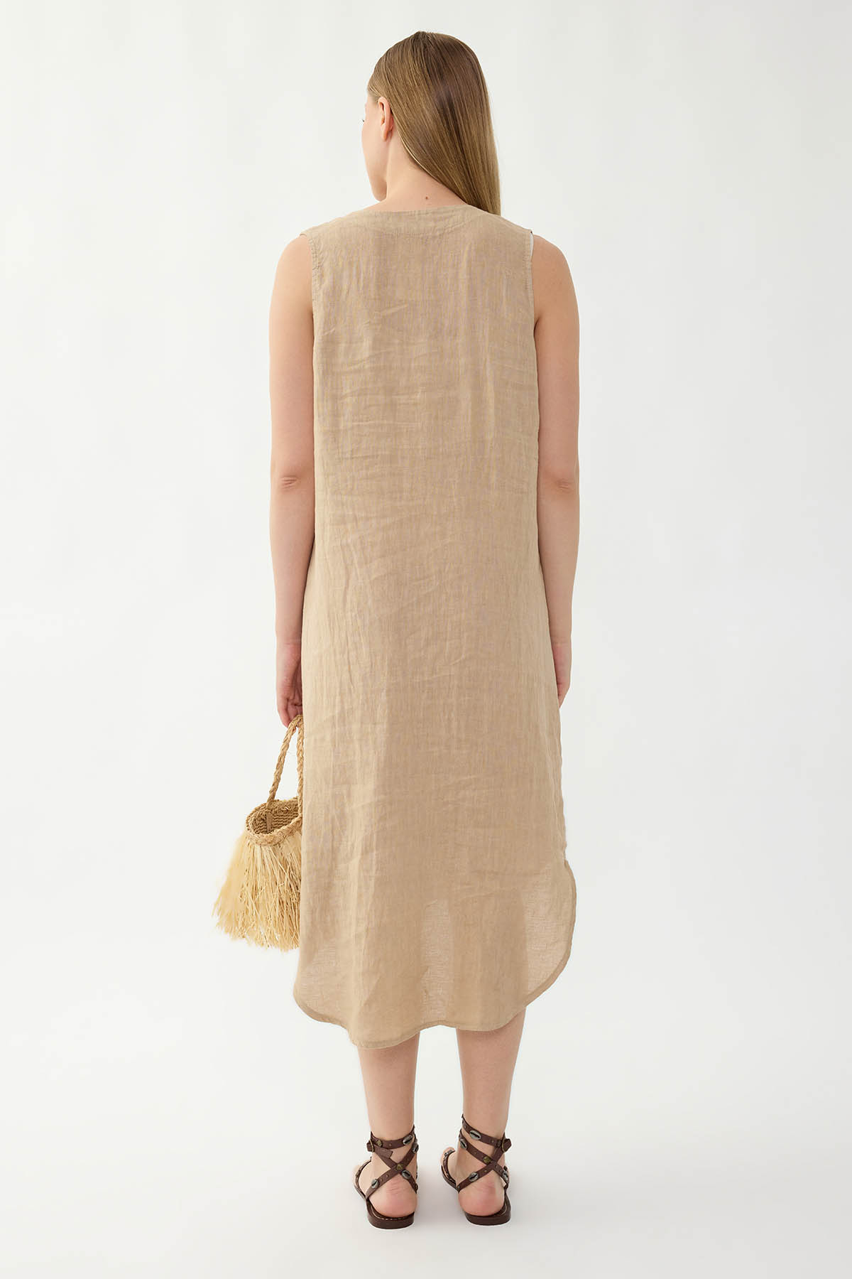 %100 Keten Sıfır Kol Önü Düğmeli Elbise - Thumbnail