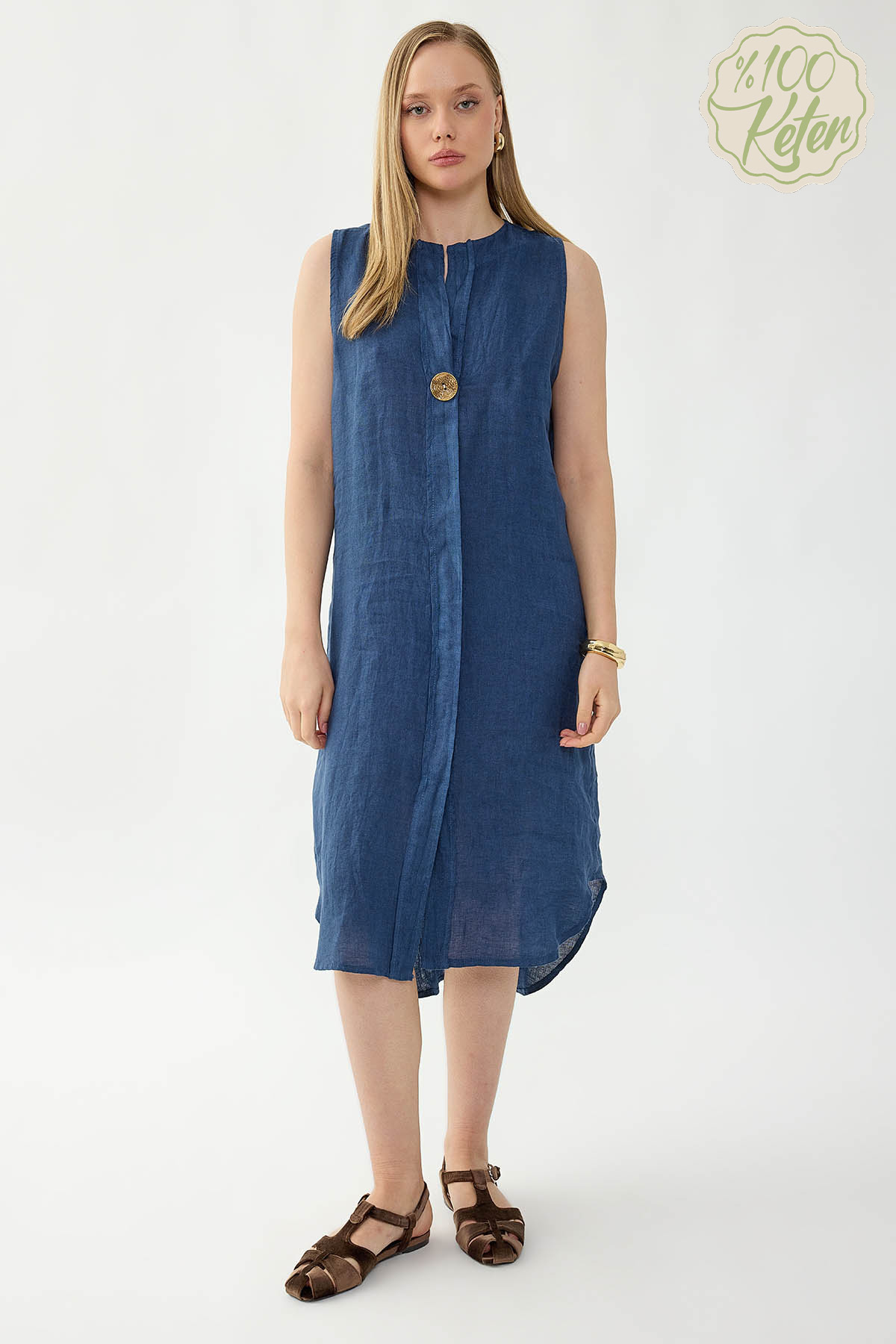 VİTRİN - %100 Keten Sıfır Kol Önü Düğmeli Elbise