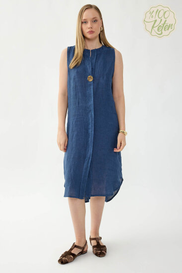 %100 Keten Sıfır Kol Önü Düğmeli Elbise - 1