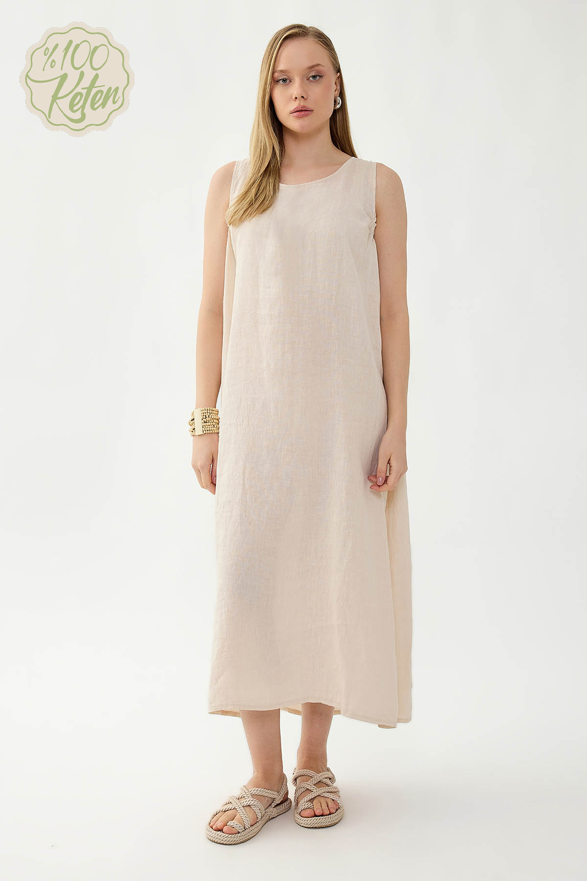 %100 Keten Sıfır Kol Uzun Elbise - Thumbnail