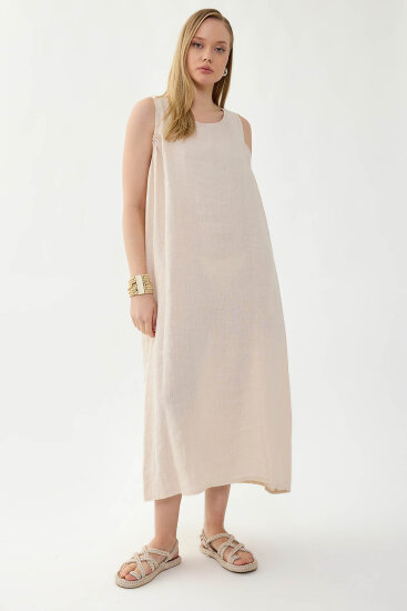 %100 Keten Sıfır Kol Uzun Elbise - 2