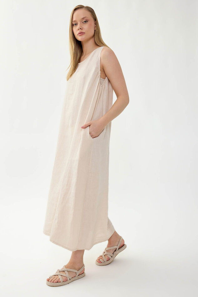 %100 Keten Sıfır Kol Uzun Elbise - 3
