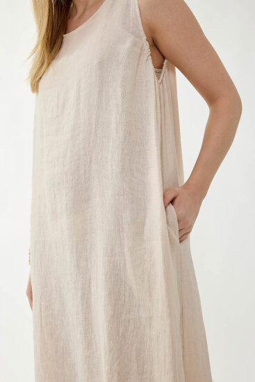 %100 Keten Sıfır Kol Uzun Elbise - 4