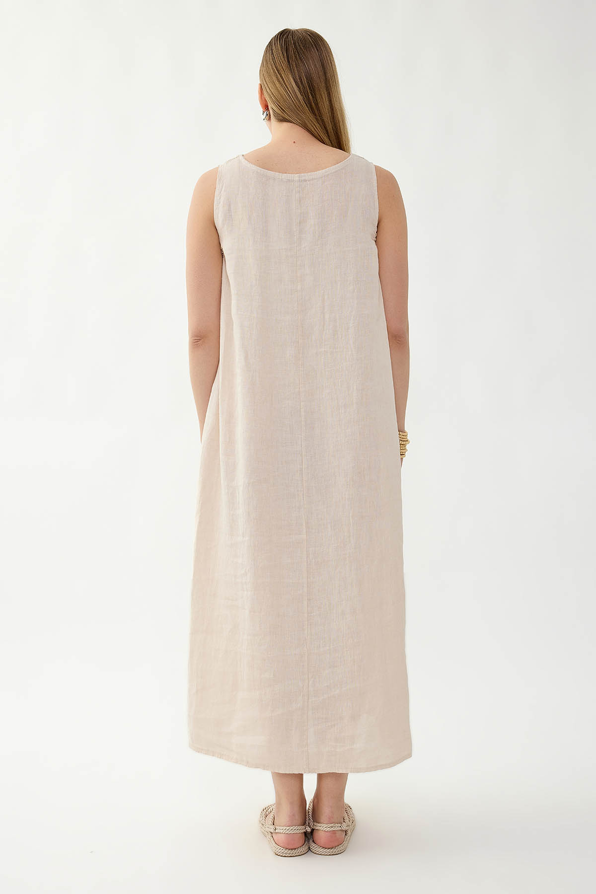 %100 Keten Sıfır Kol Uzun Elbise - Thumbnail