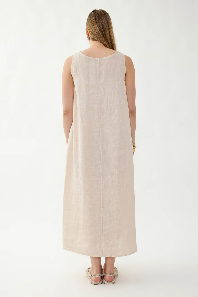 %100 Keten Sıfır Kol Uzun Elbise - 5
