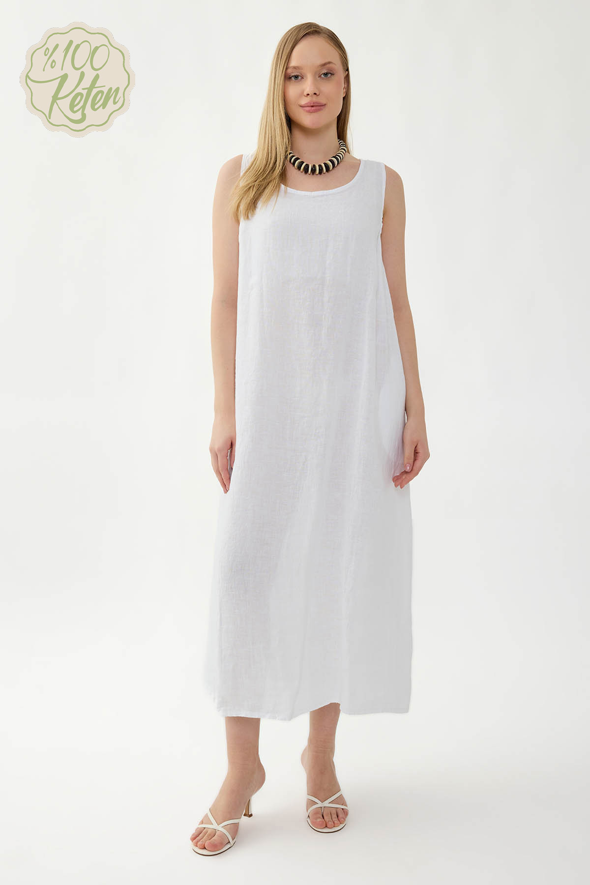 %100 Keten Sıfır Kol Uzun Elbise - Thumbnail