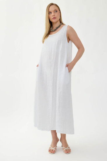 %100 Keten Sıfır Kol Uzun Elbise - 7