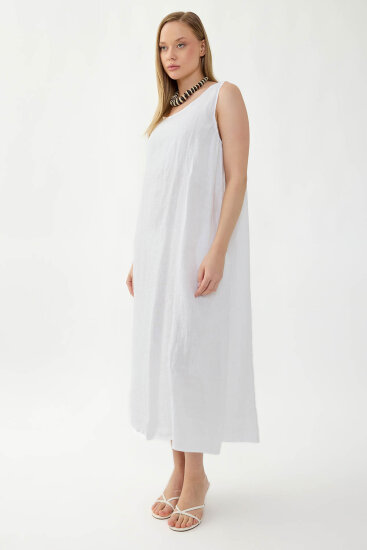 %100 Keten Sıfır Kol Uzun Elbise - 8