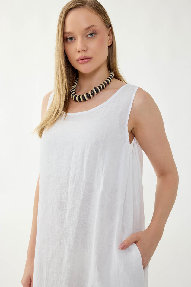 %100 Keten Sıfır Kol Uzun Elbise - 9