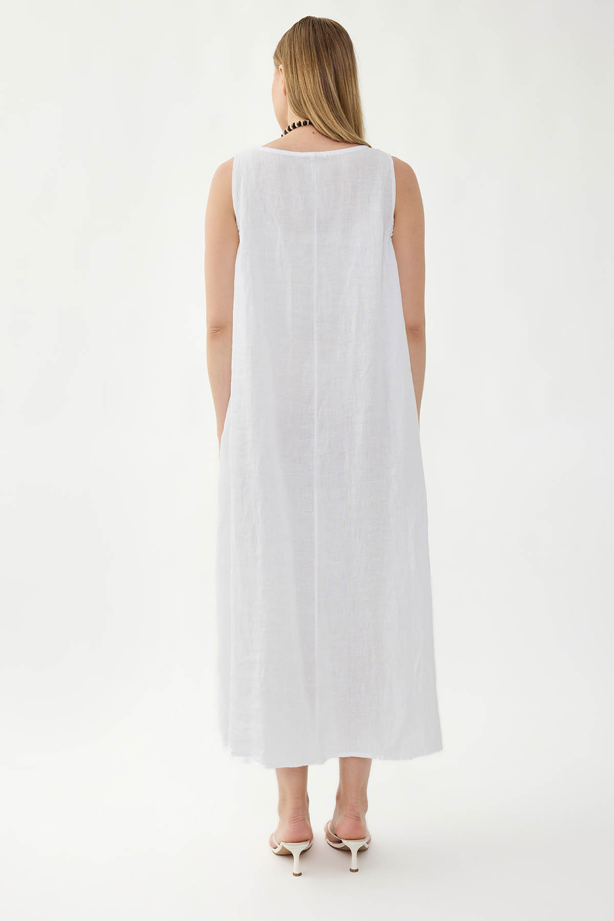 %100 Keten Sıfır Kol Uzun Elbise - Thumbnail