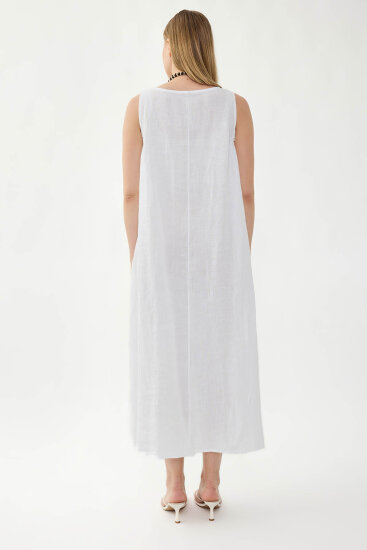 %100 Keten Sıfır Kol Uzun Elbise - 10