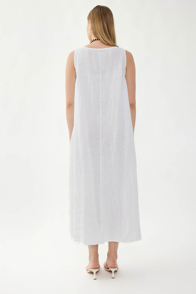 %100 Keten Sıfır Kol Uzun Elbise - 10