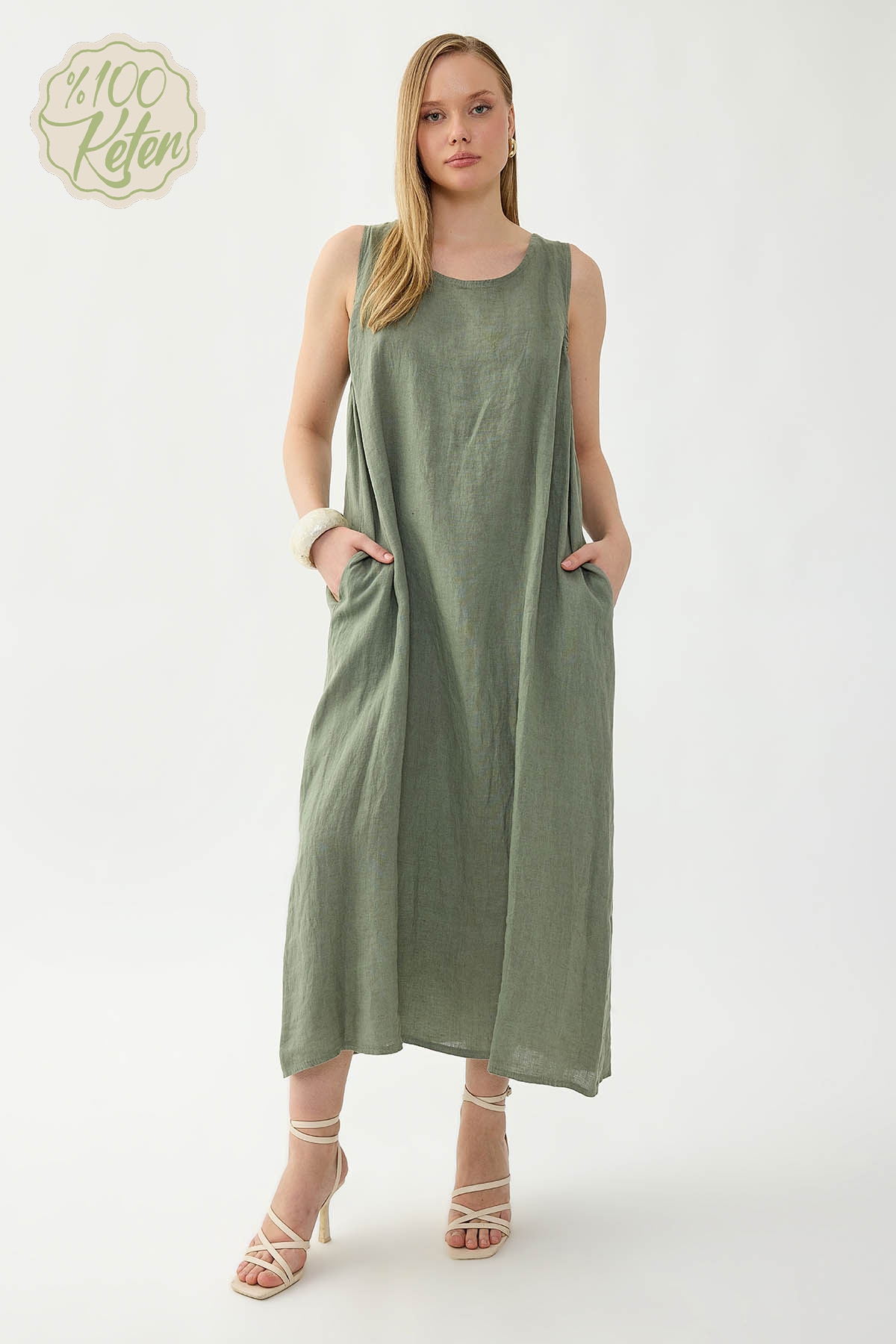 %100 Keten Sıfır Kol Uzun Elbise - Thumbnail