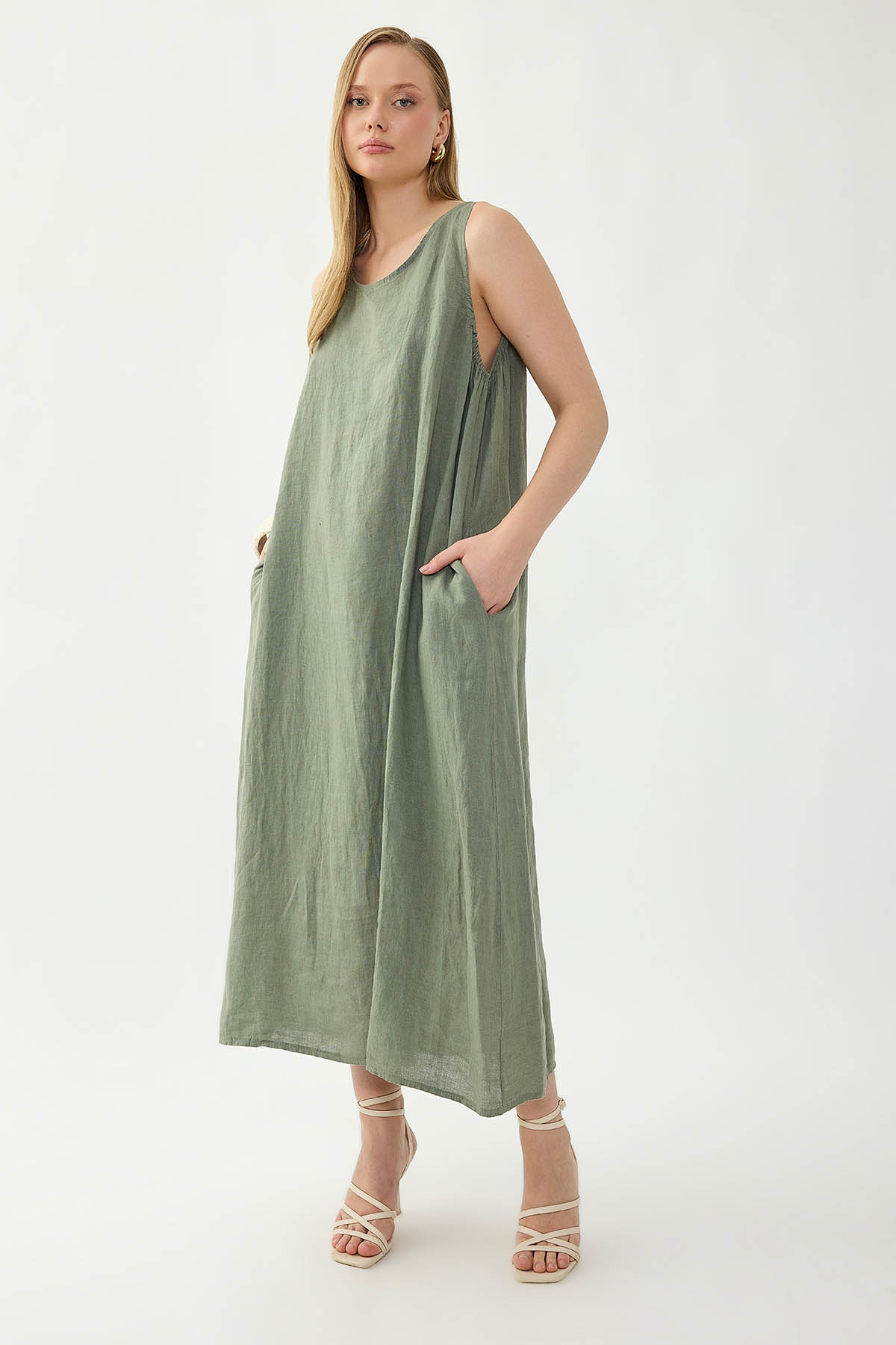 %100 Keten Sıfır Kol Uzun Elbise - Thumbnail