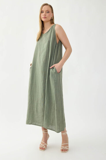 %100 Keten Sıfır Kol Uzun Elbise - 12