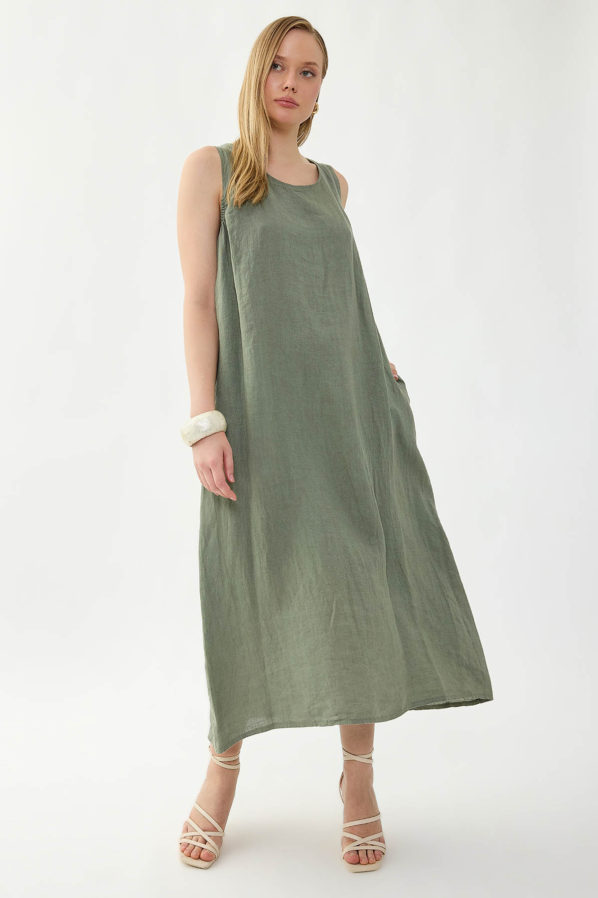 %100 Keten Sıfır Kol Uzun Elbise - Thumbnail