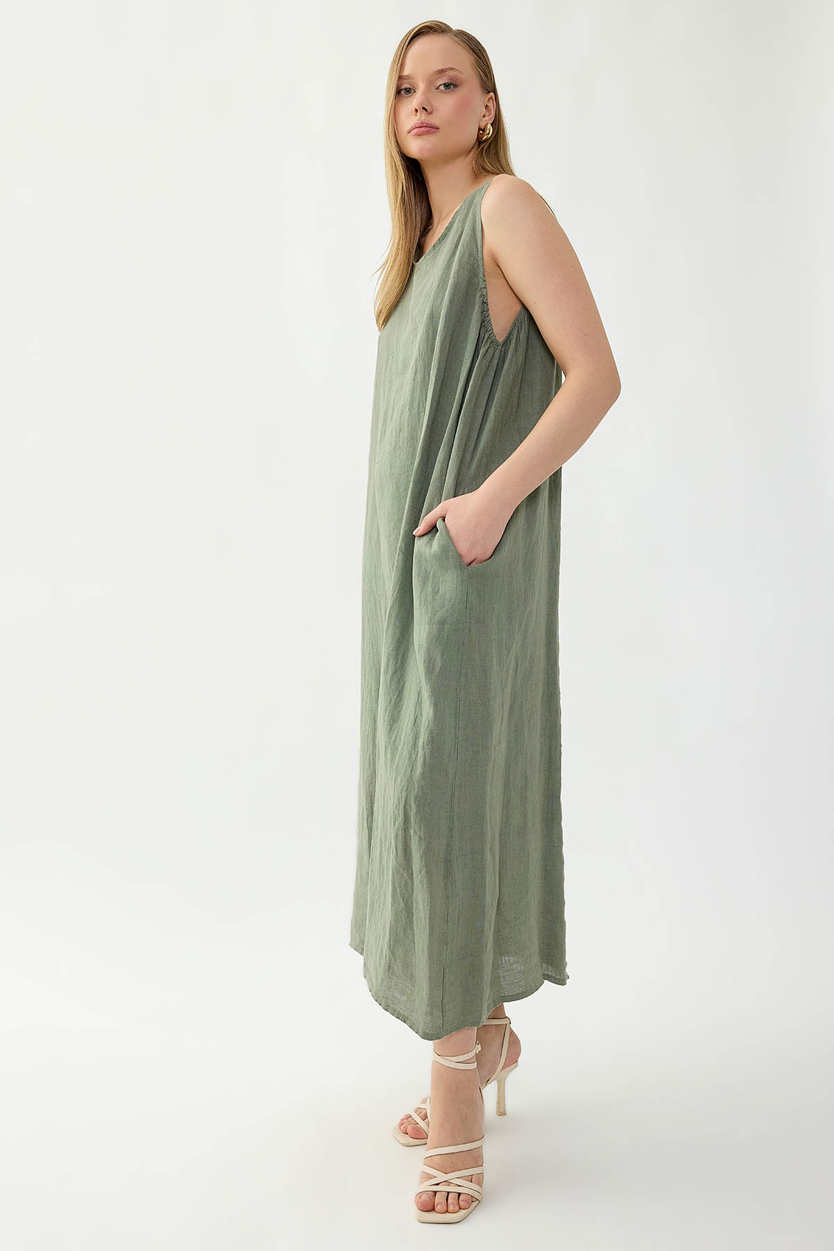 %100 Keten Sıfır Kol Uzun Elbise - Thumbnail