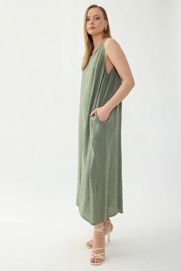 %100 Keten Sıfır Kol Uzun Elbise - 15