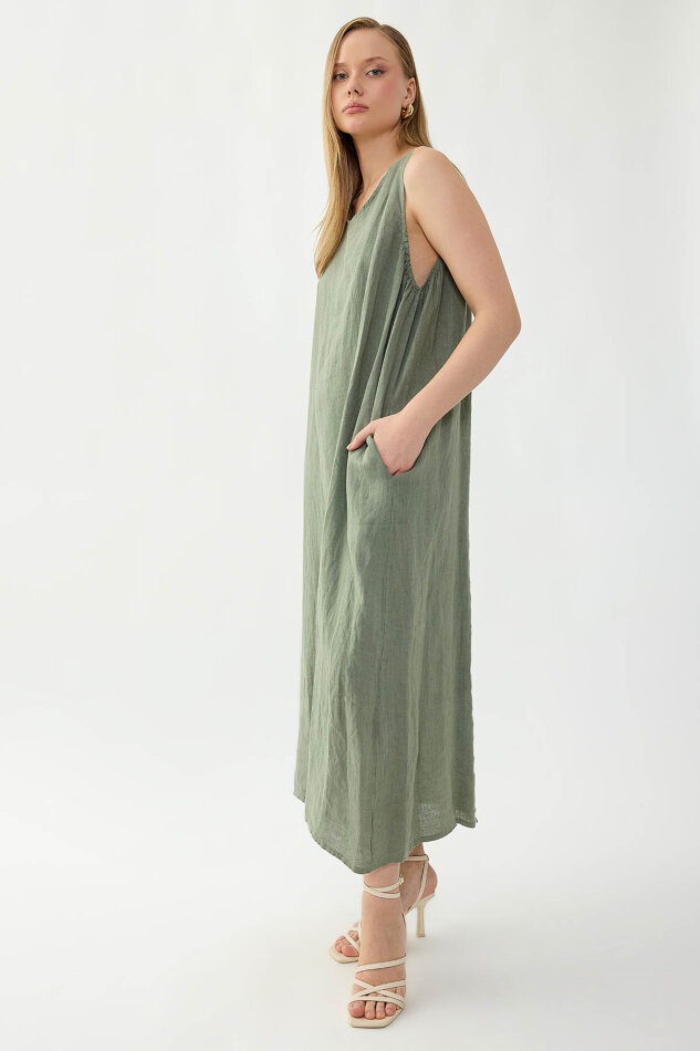 %100 Keten Sıfır Kol Uzun Elbise - 15