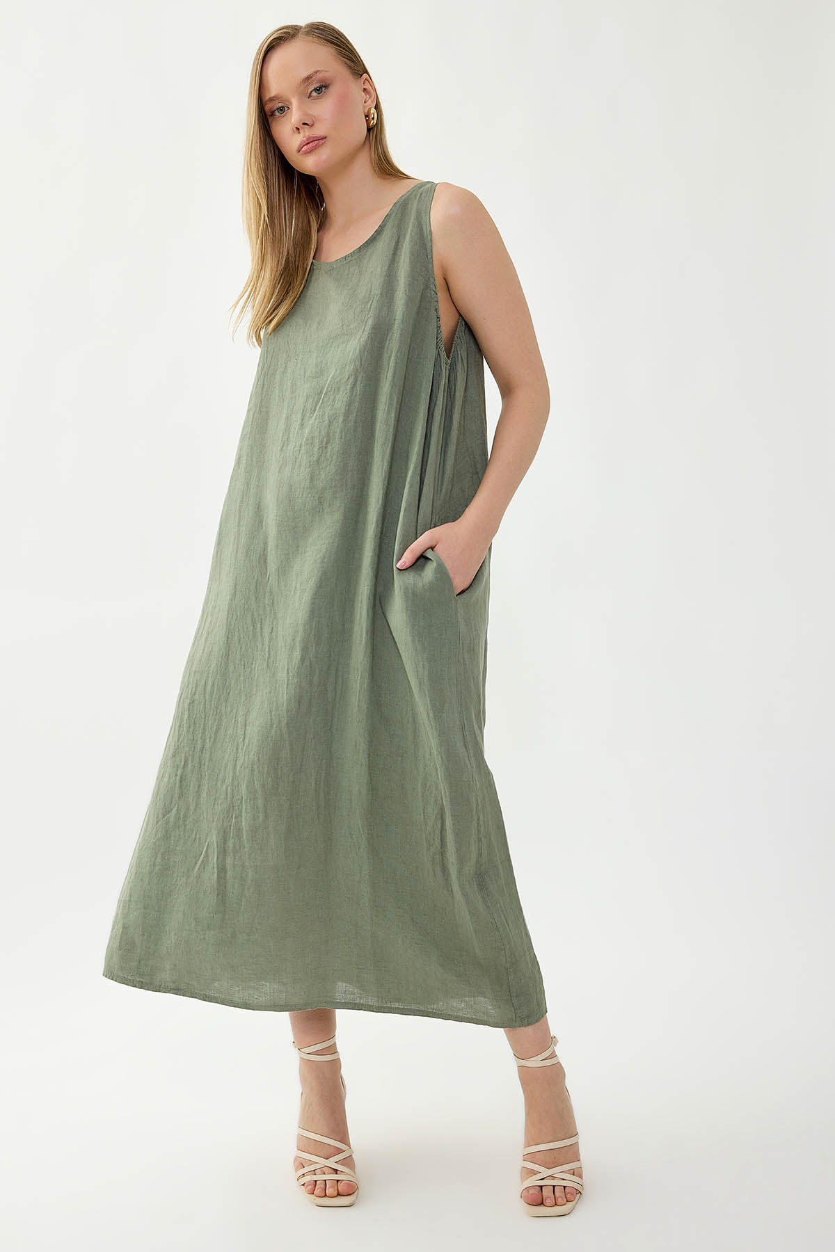 %100 Keten Sıfır Kol Uzun Elbise - Thumbnail