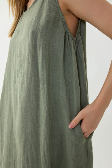 %100 Keten Sıfır Kol Uzun Elbise - 17
