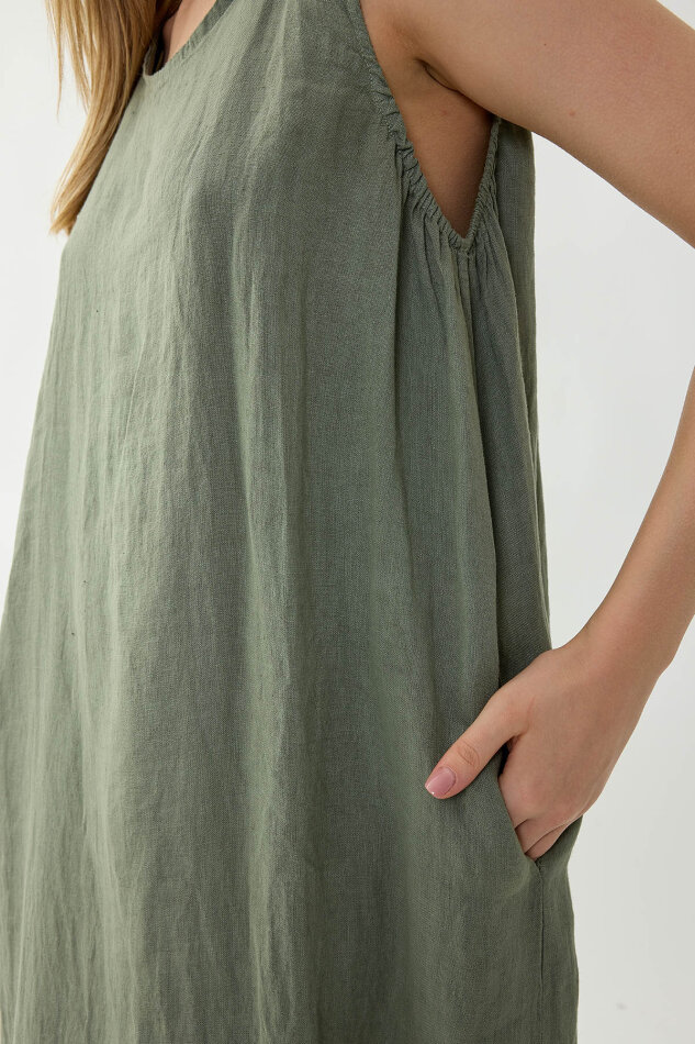 %100 Keten Sıfır Kol Uzun Elbise - 17